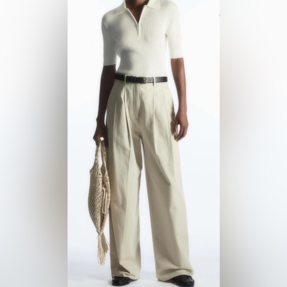 COS wide leg high waist cotton tailored trousers beige casual pleated pants sz 6